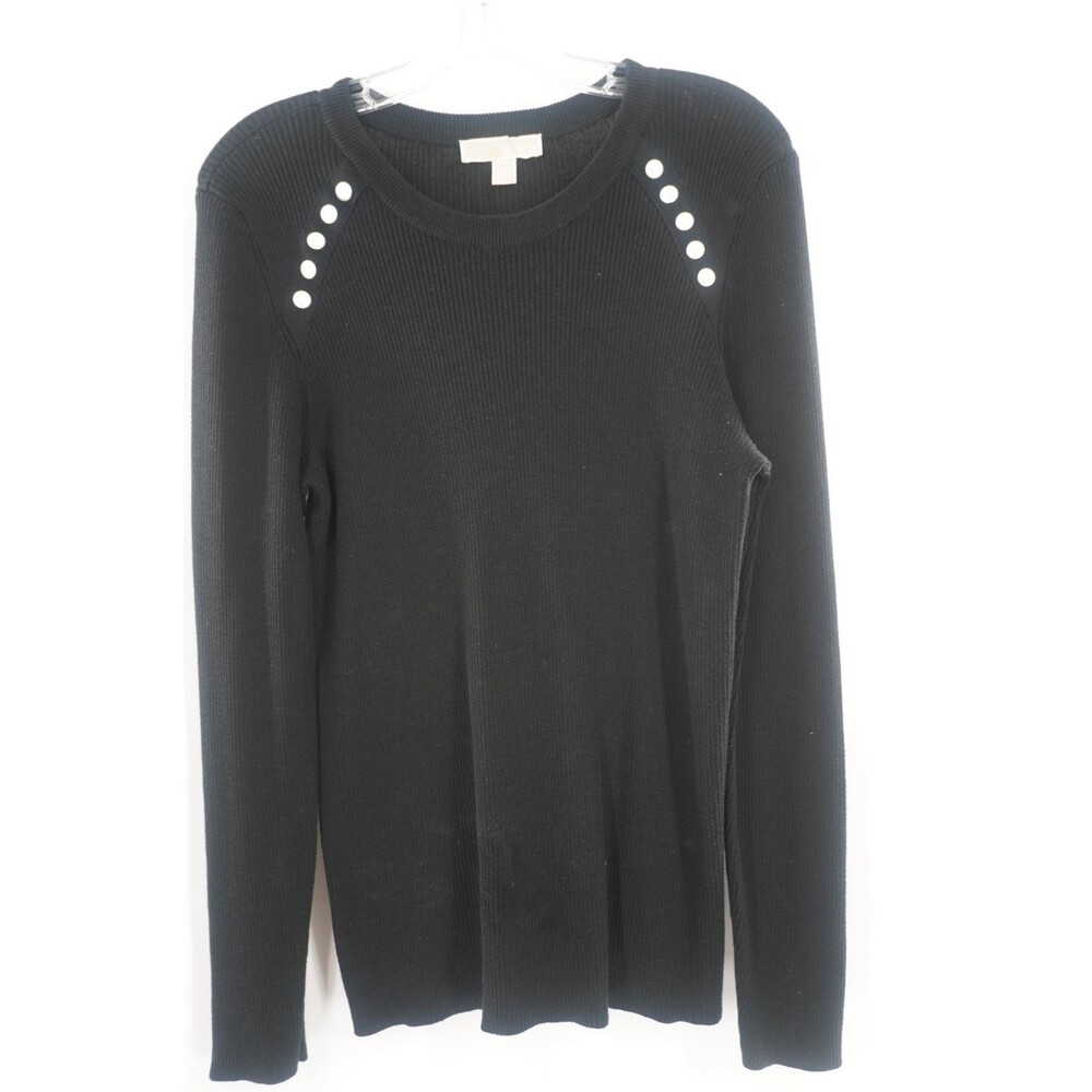 Michael Kors Black Ribbed Knit Sweater w/ Pearlized Buttons Long Sleeve Size XL
